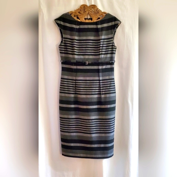 Calvin Klein Belted Midi Shift Dress Size 4 Capped Sleeved Striped Black & Gray - Picture 1 of 6